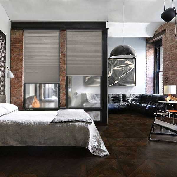 Cozy bedroom with dark oak parquet floor