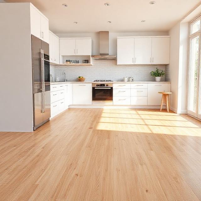 Modern kitchen with light oak parquet flooring