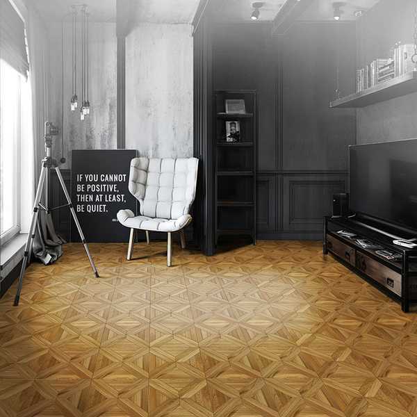 Cozy bedroom with dark oak parquet floor