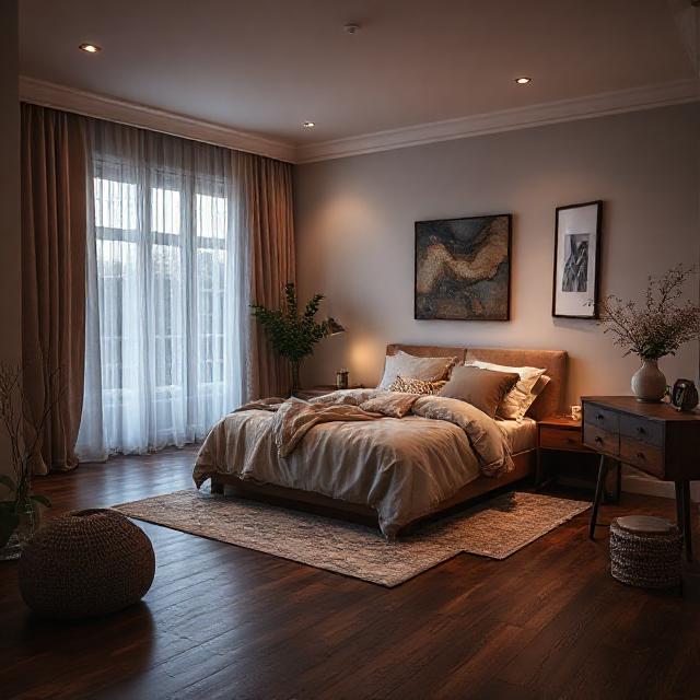 Cozy bedroom with dark oak parquet floor